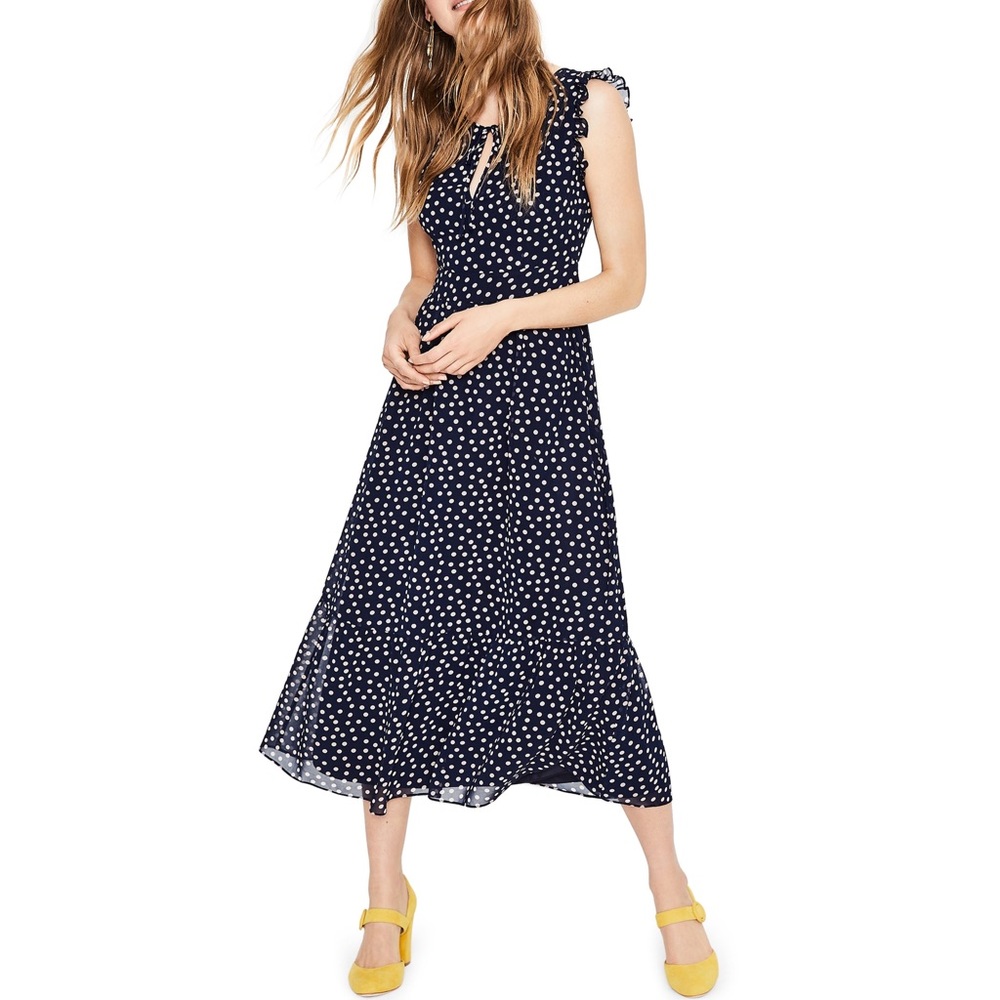 NWOT Boden Laura dress - blue polka dots Ruffle midi dress 6
